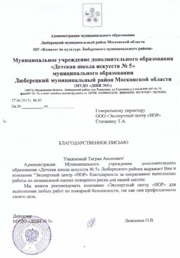 Благодарственное письмо от ДШИ в Московской области